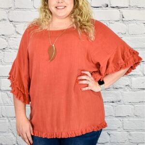 NWT Umgee Women's Layered Ruffle Short Sleeve Frayed Top, Brick - Size Large